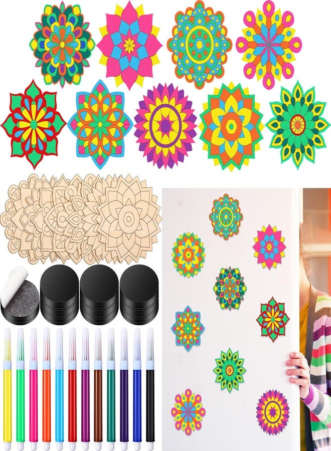 Vercraft 18 Pcs DIY Wooden Mandala Magnets Diwali Crafts Color Your Own Small Self Adhesive Magnet for DIY Craft Fridge Refrigerator Pendants(Classic Style) - Image 1